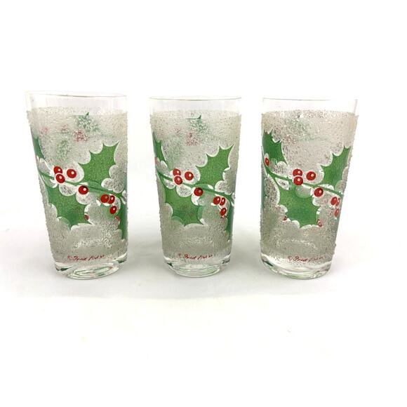 VTG Fred Press Holiday Ice Frosted Holly Leaves & Berries Glasses Set of 3 MCM - Picture 11 of 13
